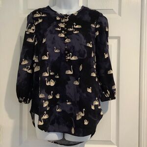 MAEVE Women’s Navy Blue Swan  Button Front Coastal Grandma Eclectic Tunic Top S